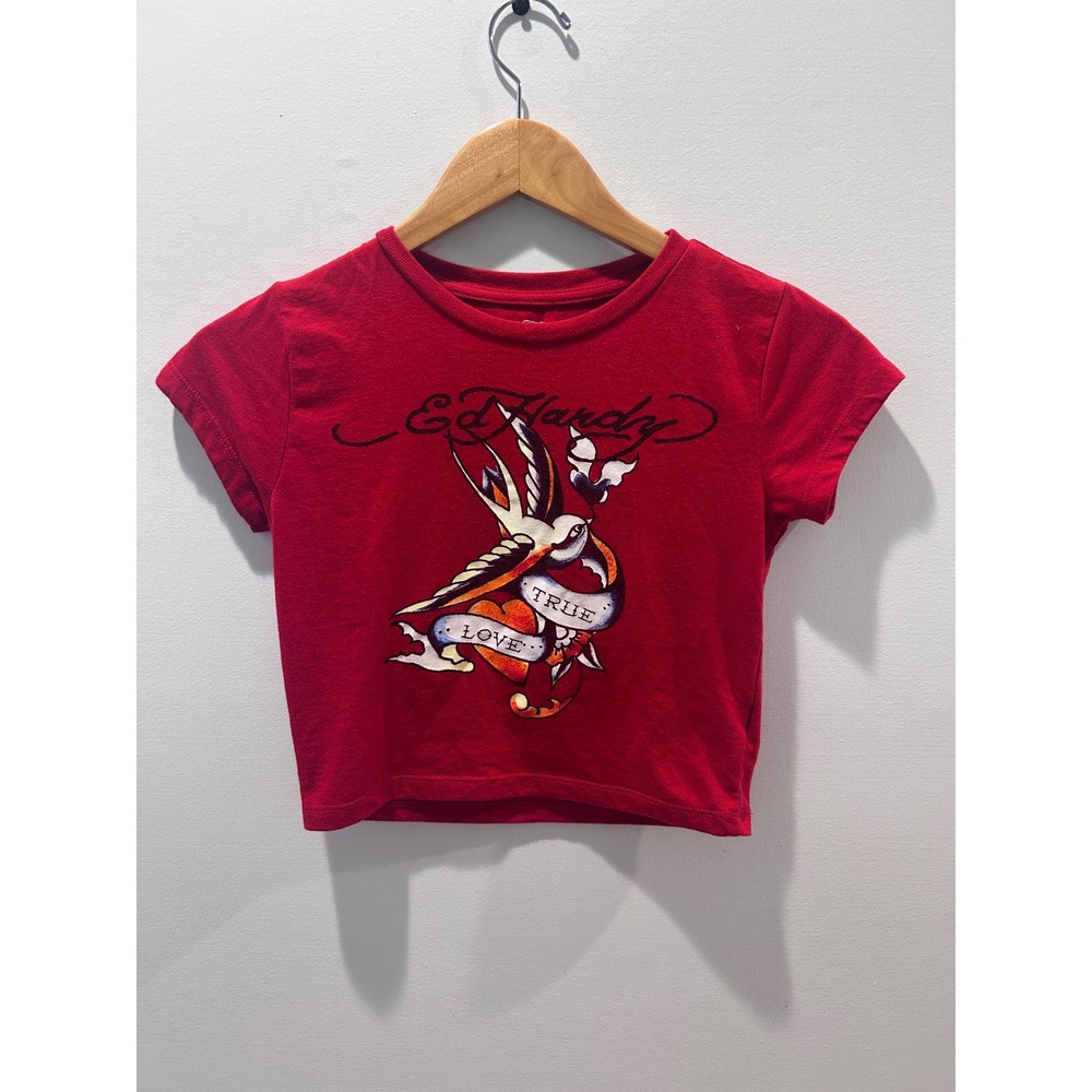 Ed Hardy Crop Top Women S Red True Love Swallow Heart Tattoo Graphic Tee
